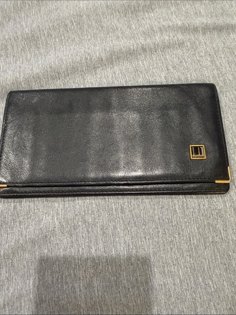 Dunhill Black Leather Wallet with Gold Logo and Corner Trim
